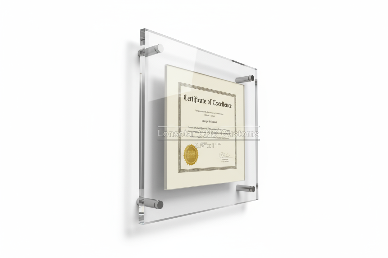 8.5x11 Custom Clear Acrylic Floating Wall Frame, Straight Corners: Artwork, Photo, Diploma
