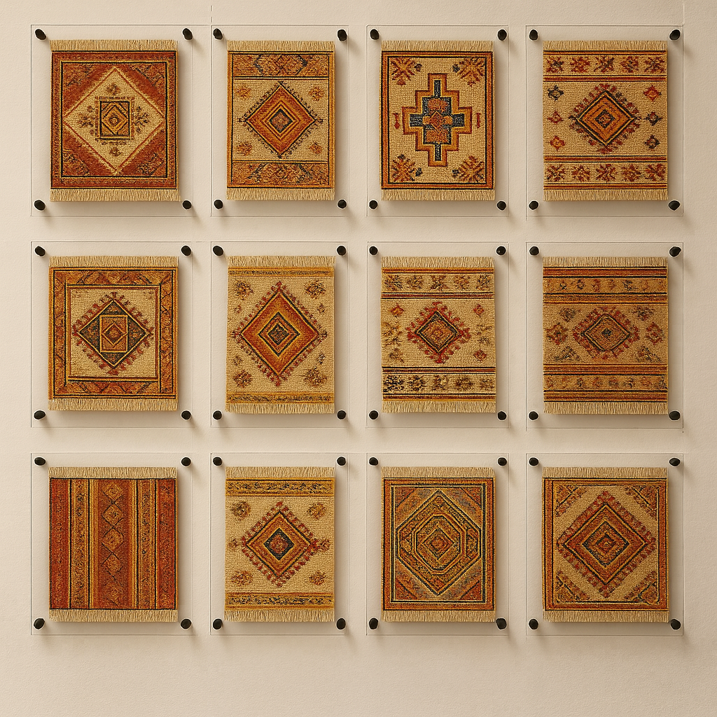 Grid of woven tapestries with geometric patterns on a white wall.