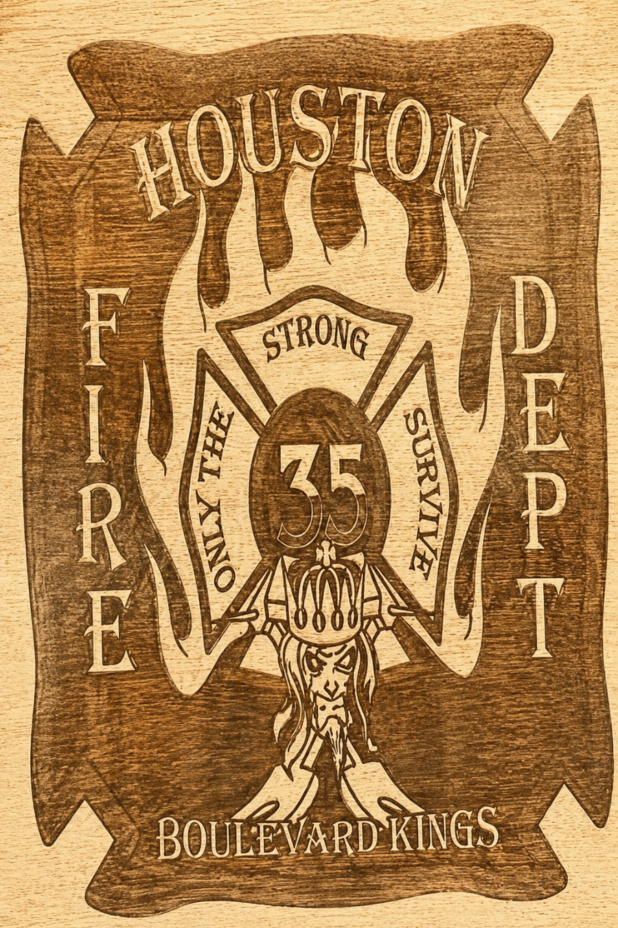 Wooden plaque with 'Houston Fire Dept' and 'Boulevard Kings' text on a wooden background