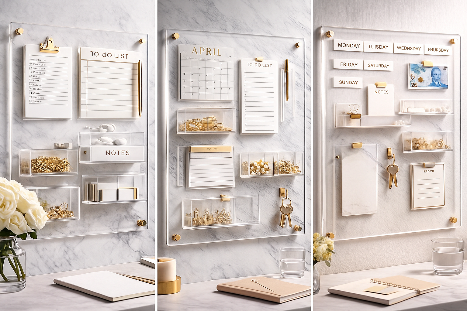 Wall-mounted organizational system with shelves, notes, and calendars on a marble wall.