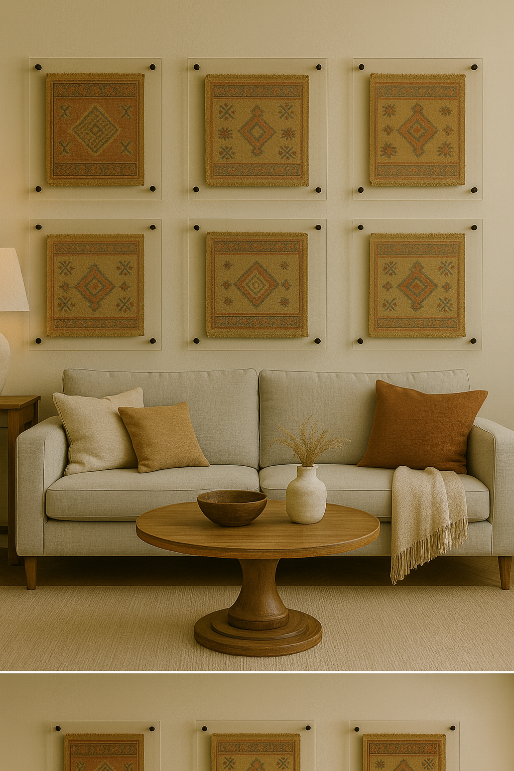 Living room with beige sofa, wooden coffee table, and wall art